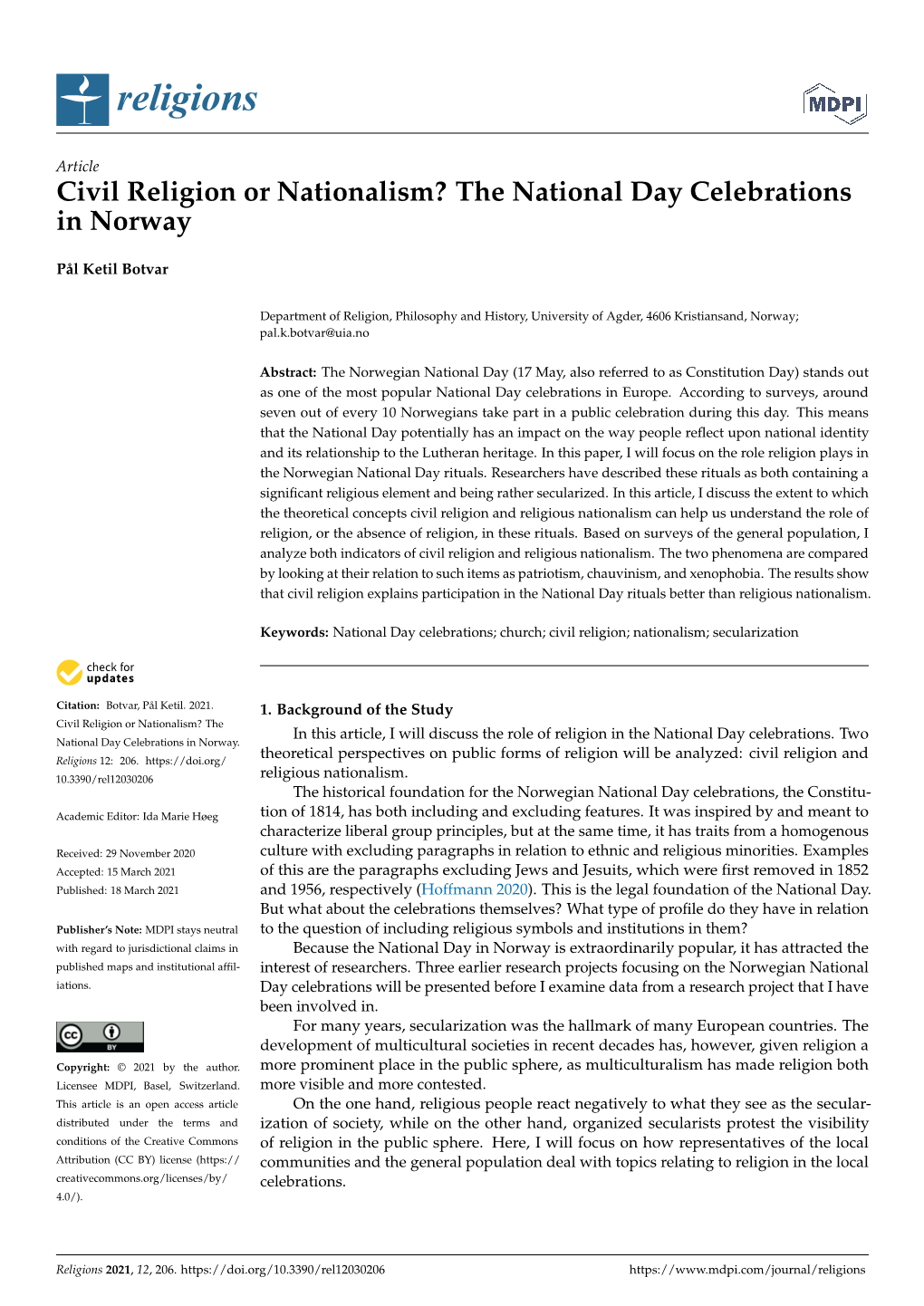 Civil Religion Or Nationalism? the National Day Celebrations in Norway