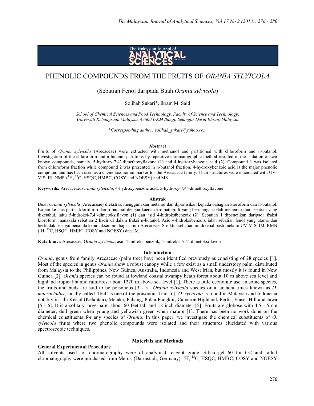 Phenolic Compounds from the Fruits of Orania Sylvicola