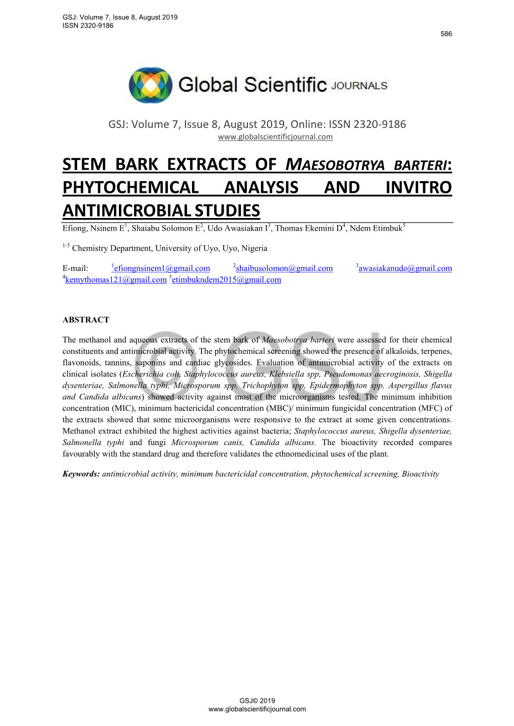 Stem Bark Extracts of : Phytochemical Analysis And