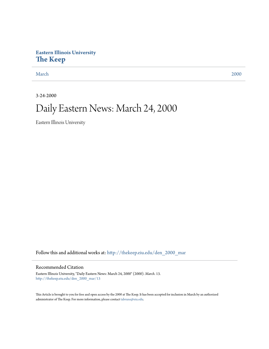 Daily Eastern News: March 24, 2000 Eastern Illinois University
