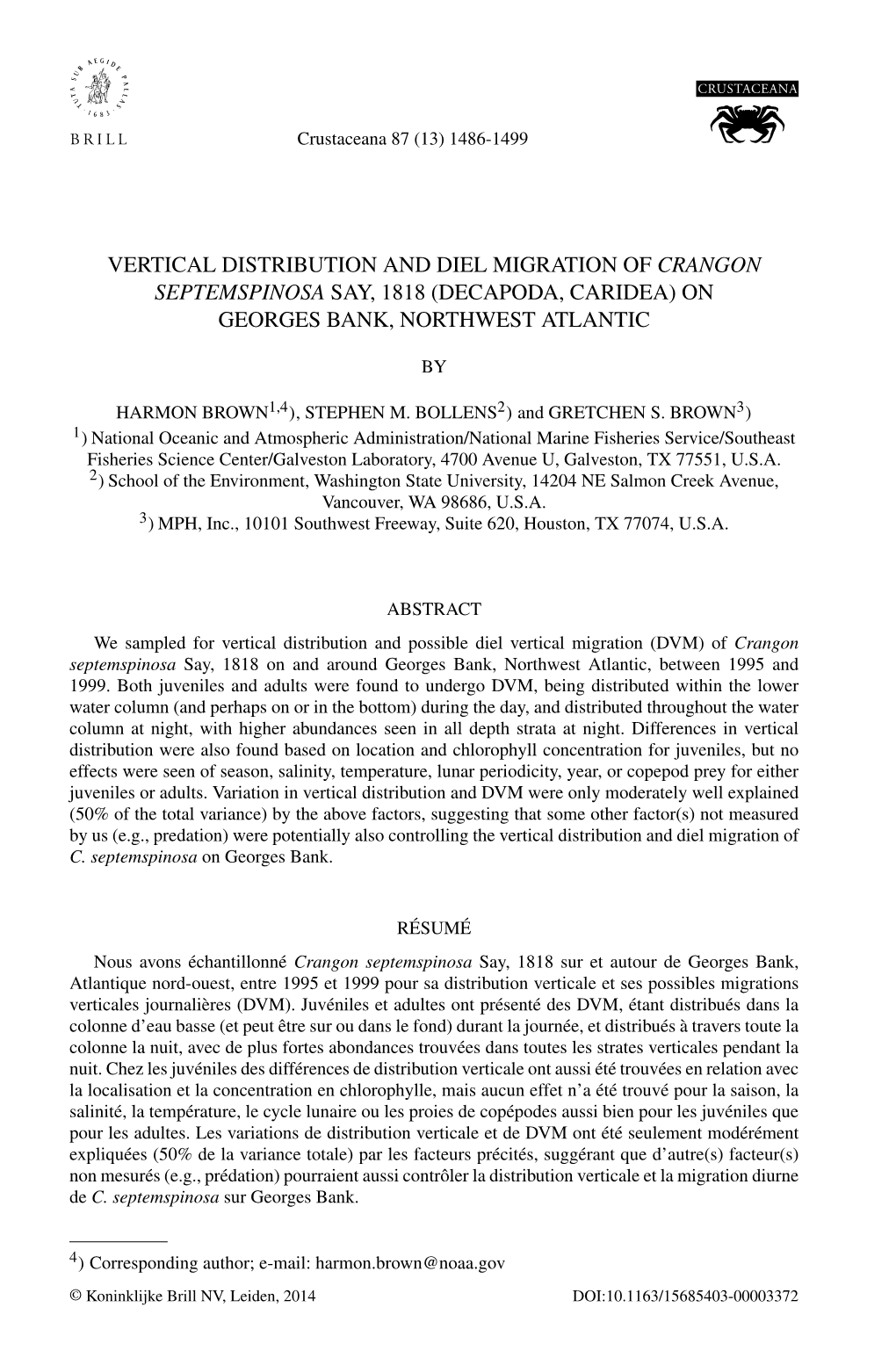 Vertical Distribution and Diel Migration of Crangon Septemspinosa Say, 1818 (Decapoda, Caridea) on Georges Bank, Northwest Atlantic