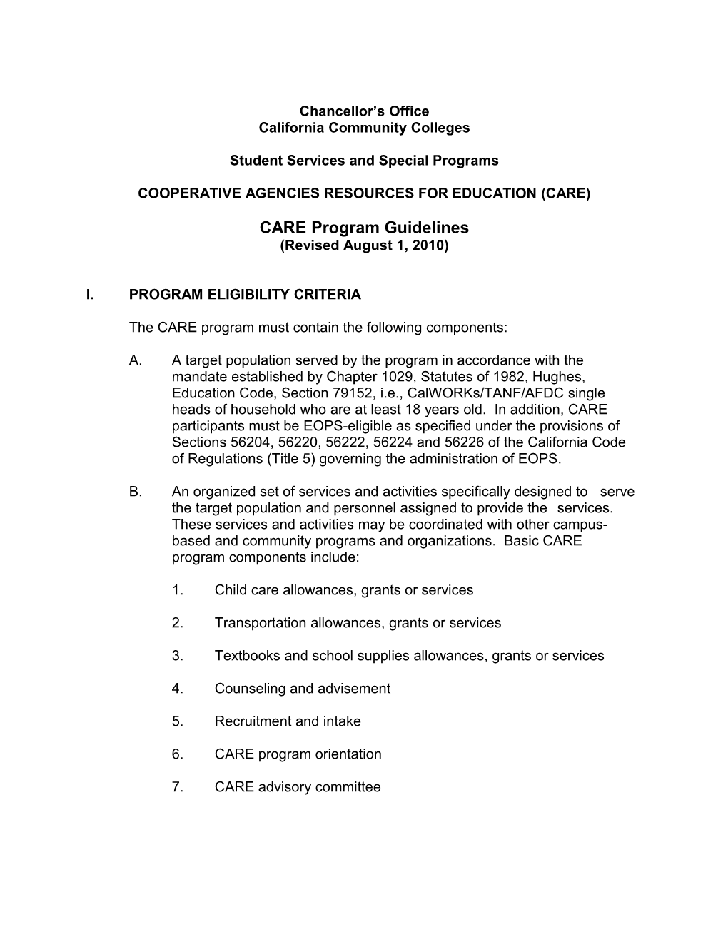 CARE Program Guidelines (Revised August 1, 2010)