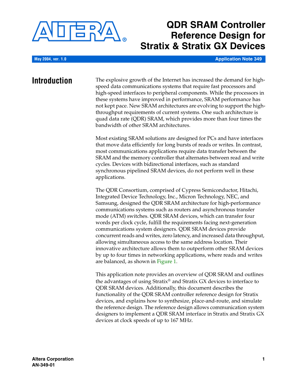 AN 349: QDR SRAM Controller Reference Design for Stratix