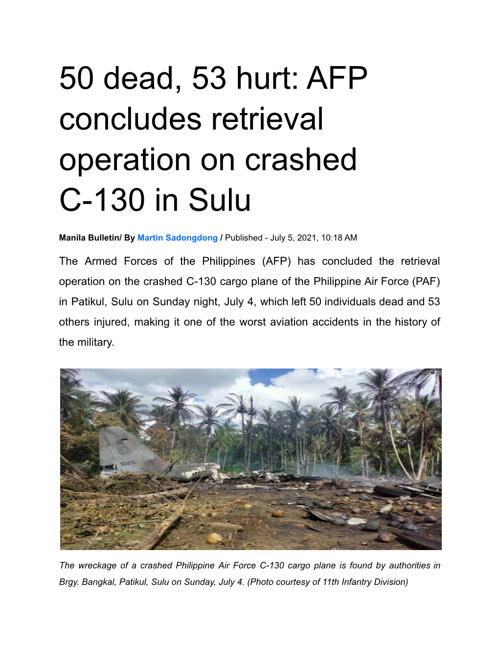 AFP Concludes Retrieval Operation on Crashed C-130 in Sulu