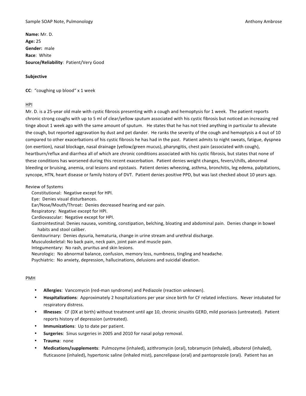 Pulmonary SOAP Note