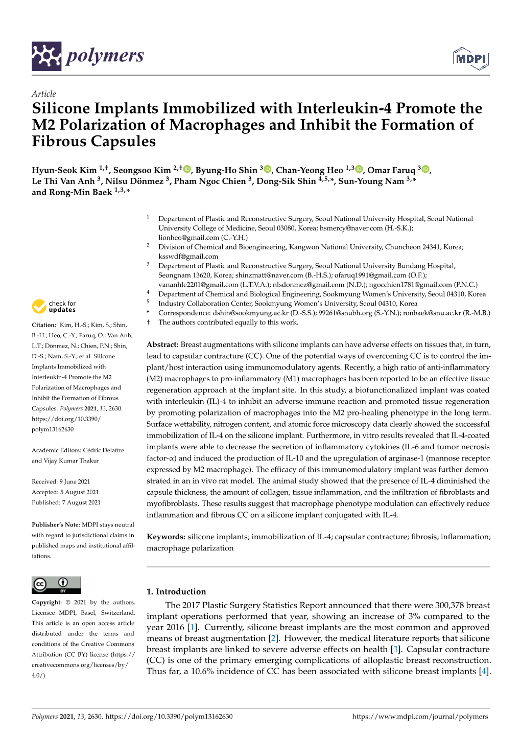Silicone Implants Immobilized with Interleukin-4 Promote the M2 Polarization of Macrophages and Inhibit the Formation of Fibrous Capsules