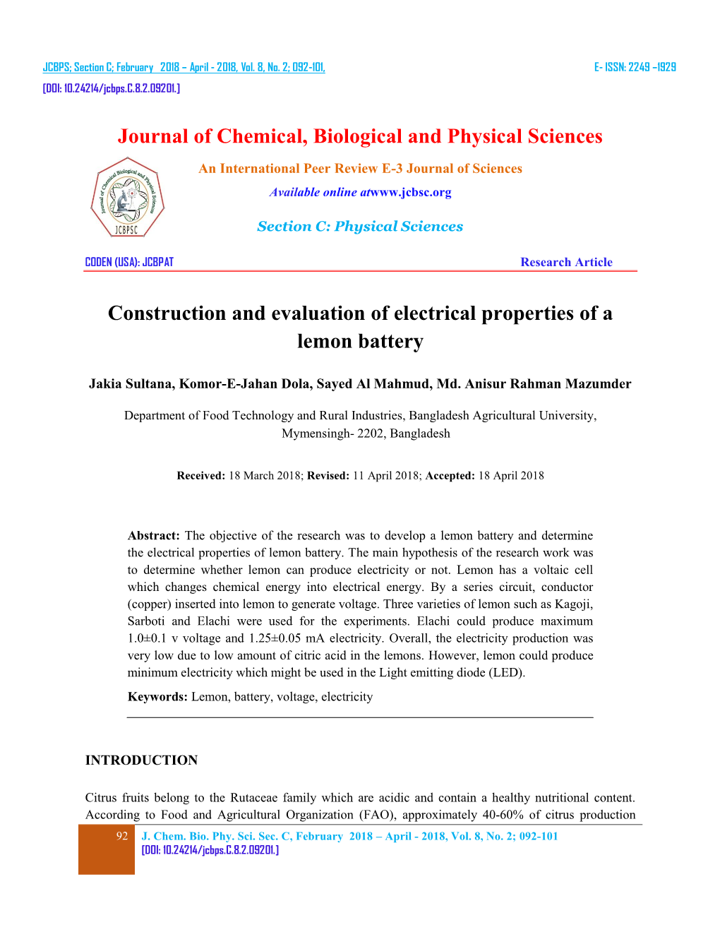 Construction and Evaluation of Electrical Properties of a Lemon Battery