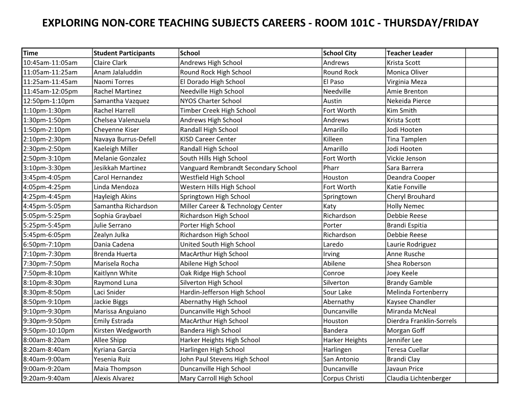 Exploring Non-Core Teaching Subjects Careers - Room 101C - Thursday/Friday