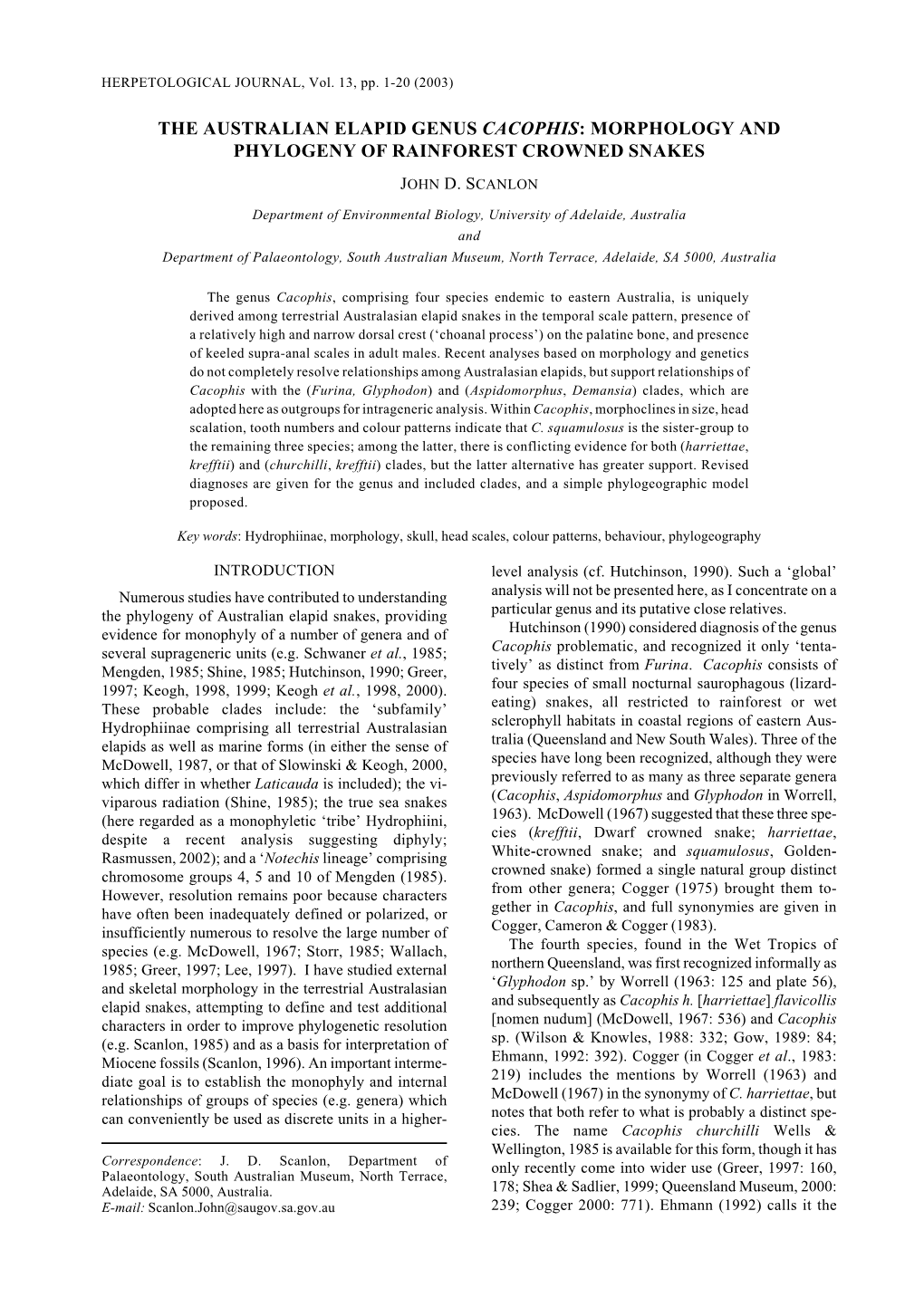 The Australian Elapid Genus Cacophis: Morphology and Phylogeny of Rainforest Crowned Snakes