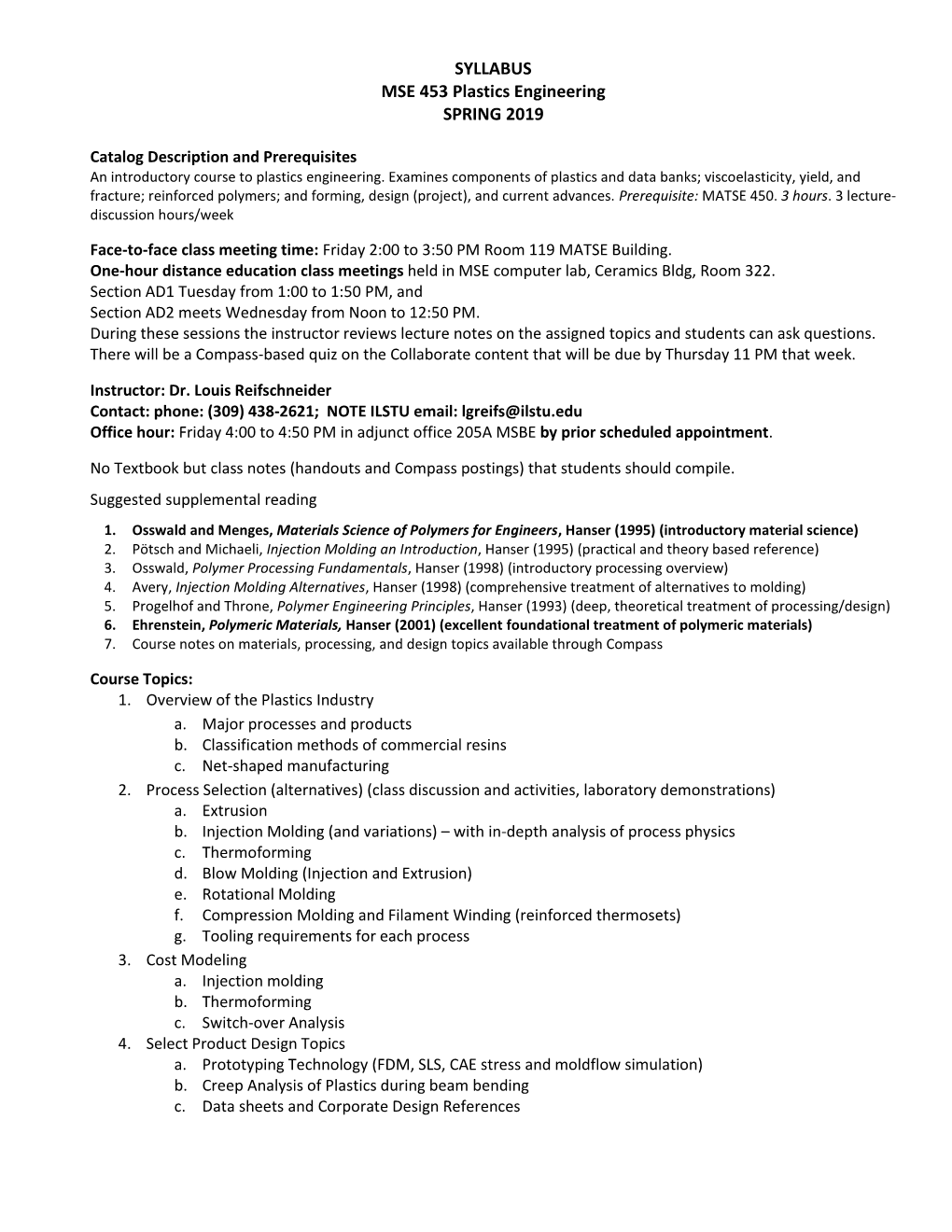 SYLLABUS MSE 453 Plastics Engineering SPRING 2019