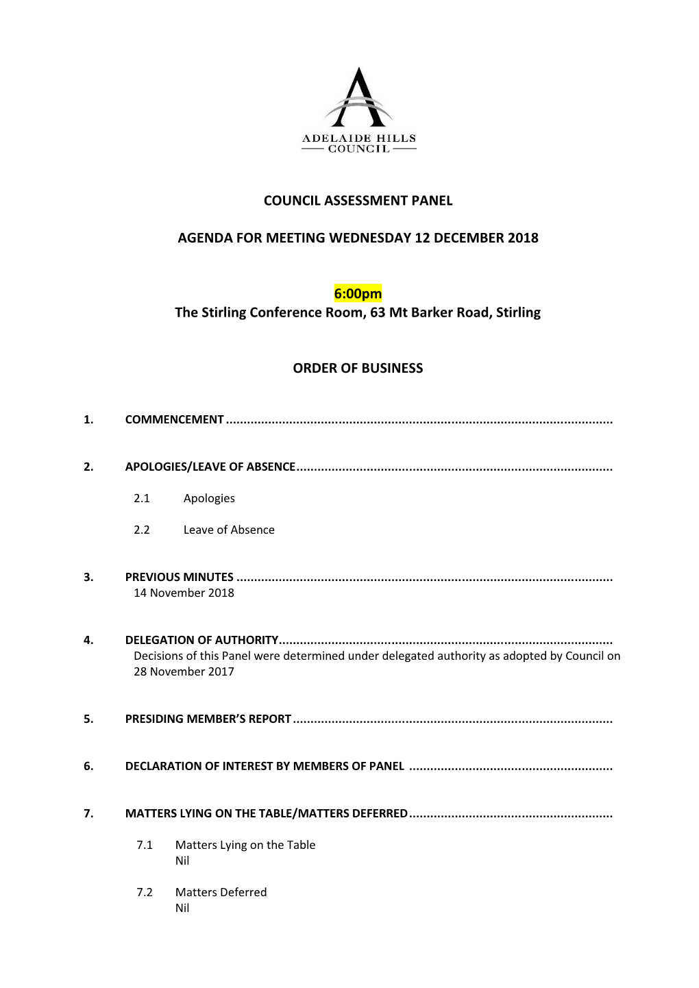 Council Assessment Panel Agenda for Meeting