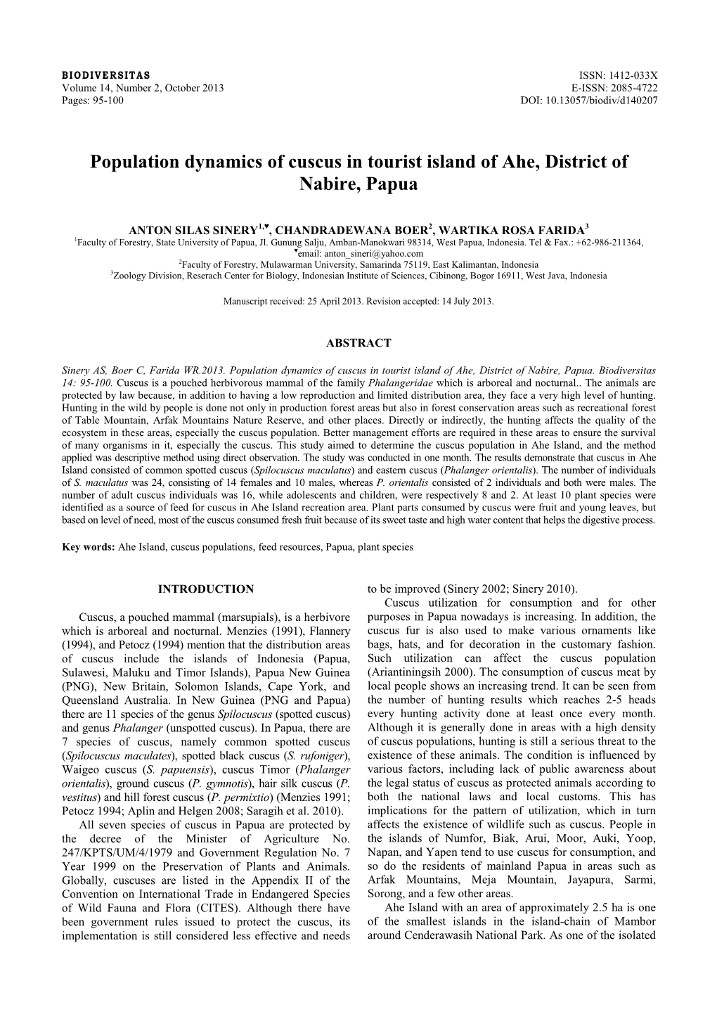 Population Dynamics of Cuscus in Tourist Island of Ahe, District of Nabire, Papua