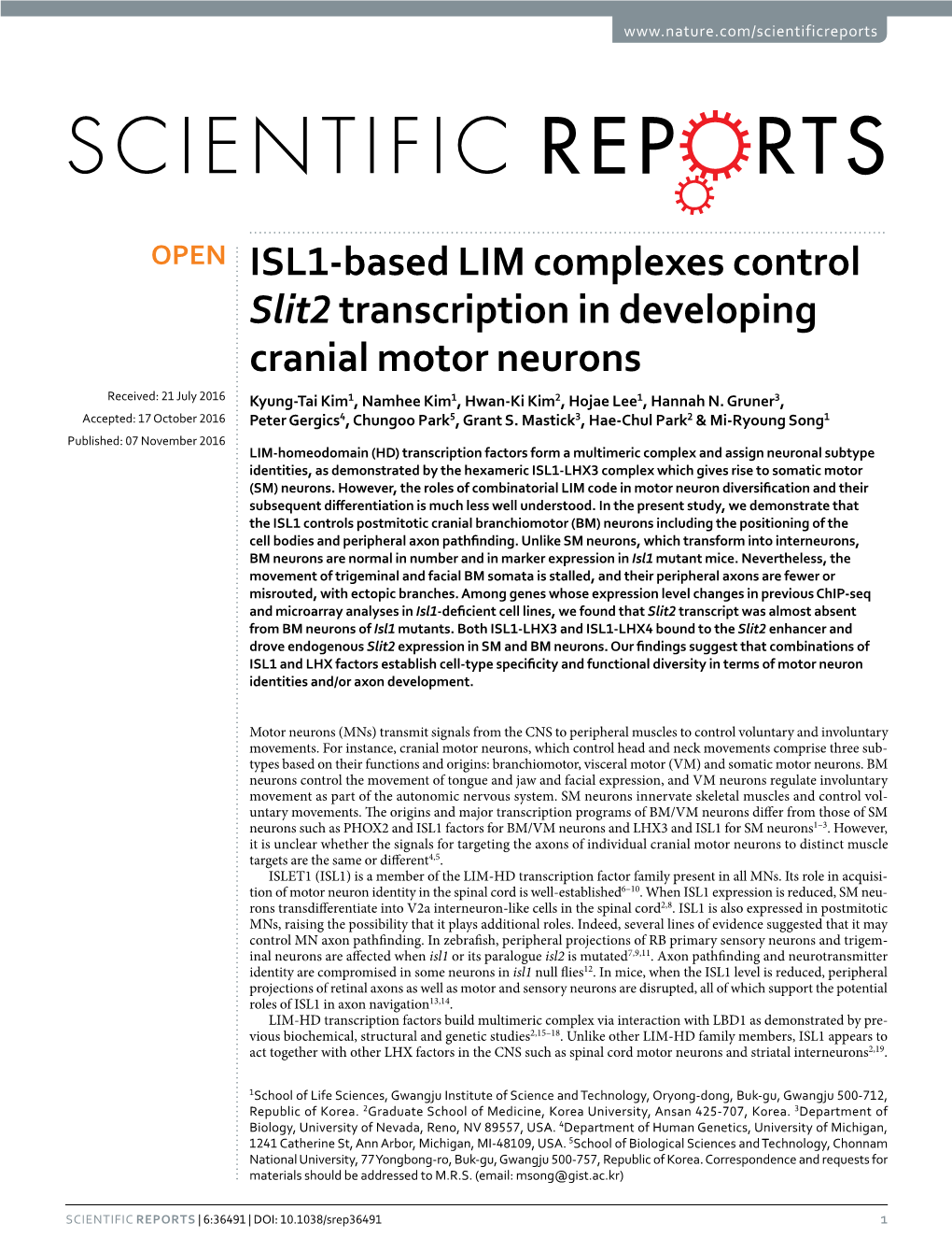 ISL1-Based LIM Complexes Control Slit2 Transcription in Developing