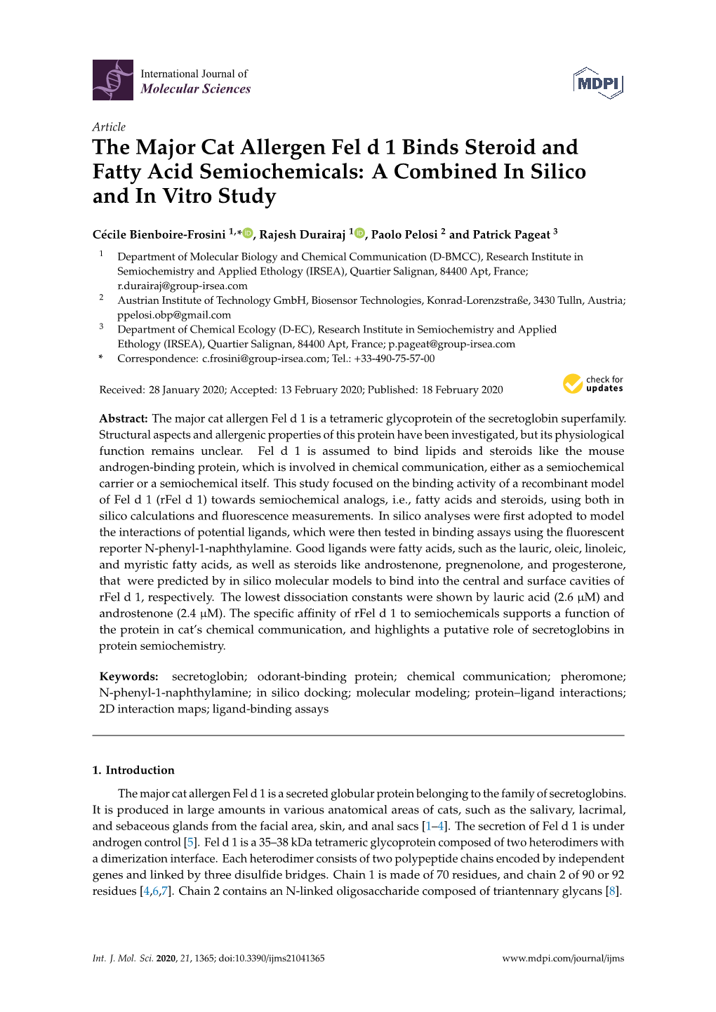 The Major Cat Allergen Fel D 1 Binds Steroid and Fatty Acid Semiochemicals: a Combined in Silico and in Vitro Study