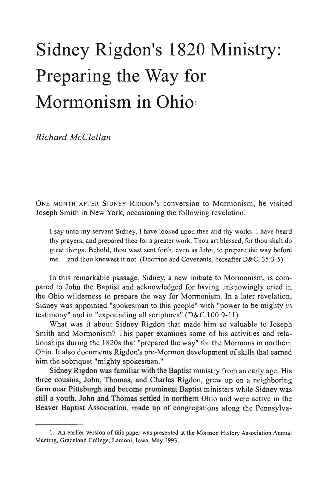 Sidney Rigdon's 1820 Ministry: Preparing the Way for Mormonism in Ohio>