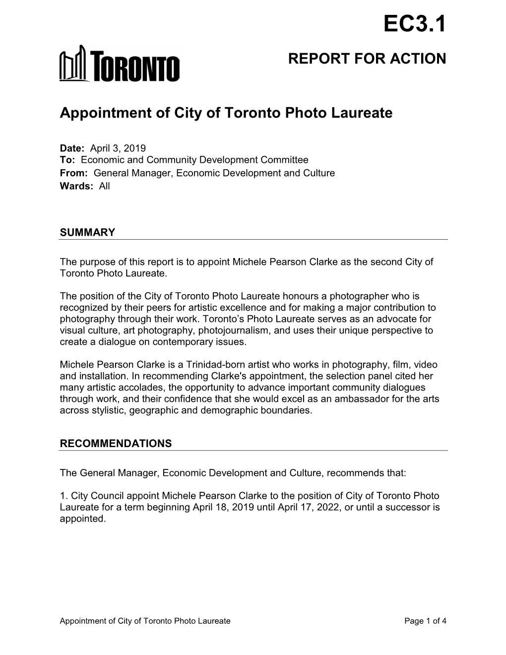 Appointment of City of Toronto Photo Laureate