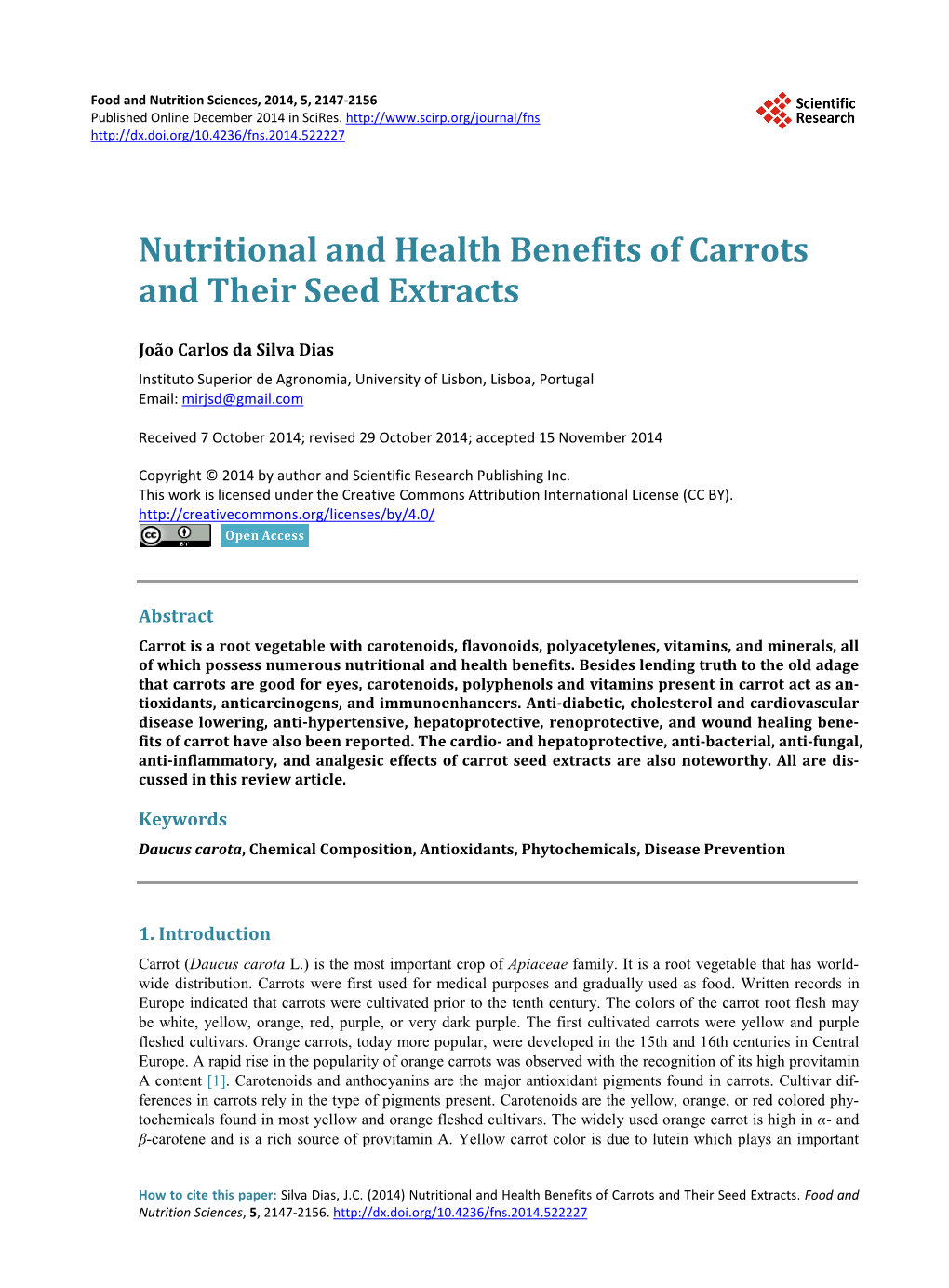 Nutritional and Health Benefits of Carrots and Their Seed Extracts