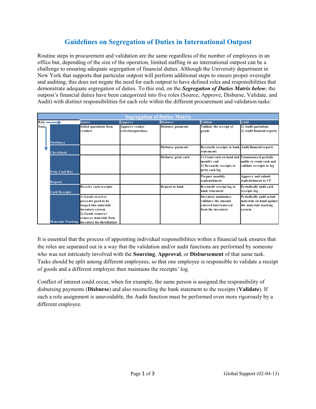 Guidelines on Segregation of Duties in International Outpost