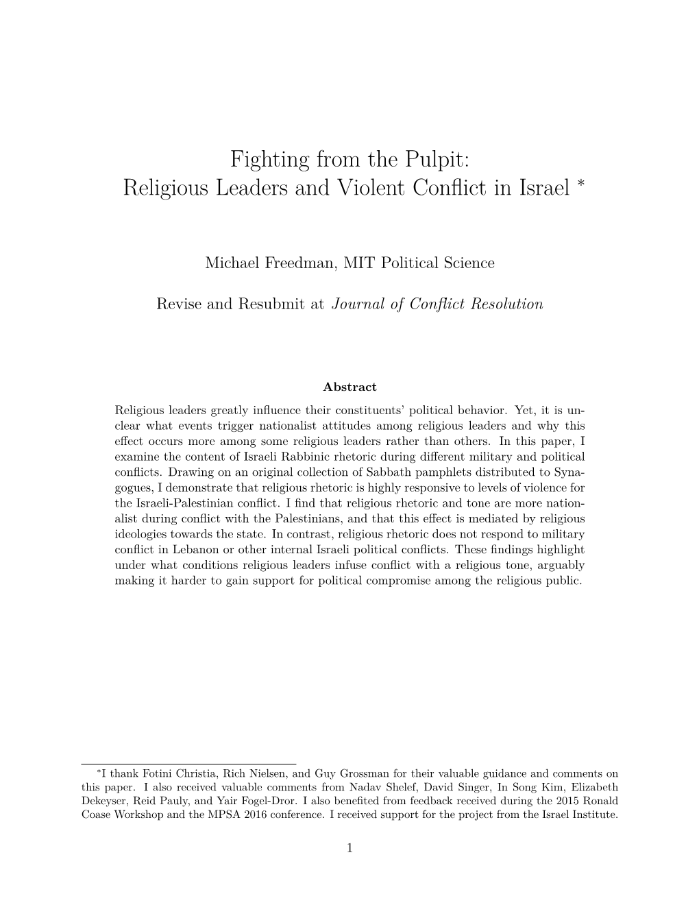 Religious Leaders and Violent Conflict in Israel