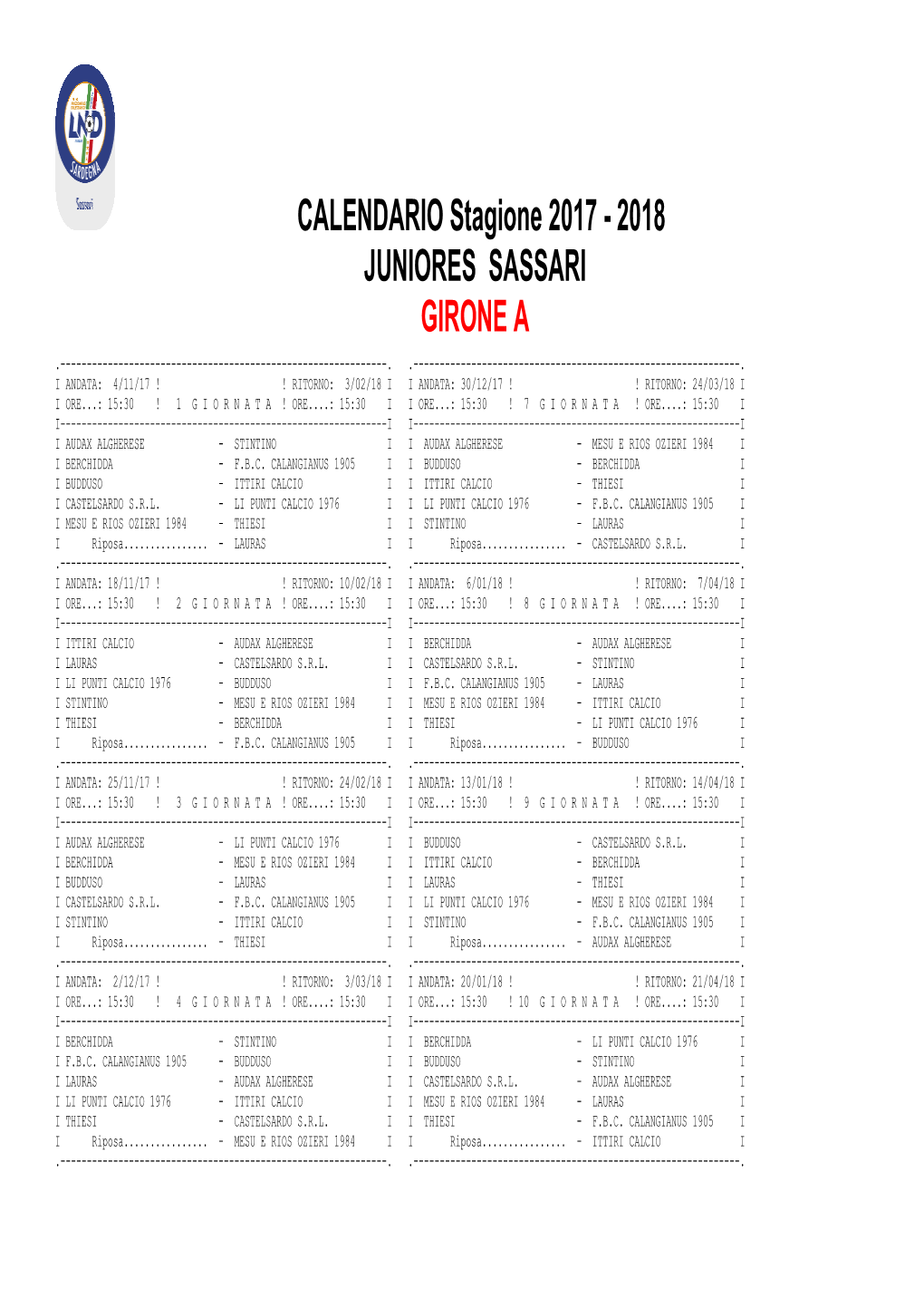 Calendario Juniores Nuovo Gir. A