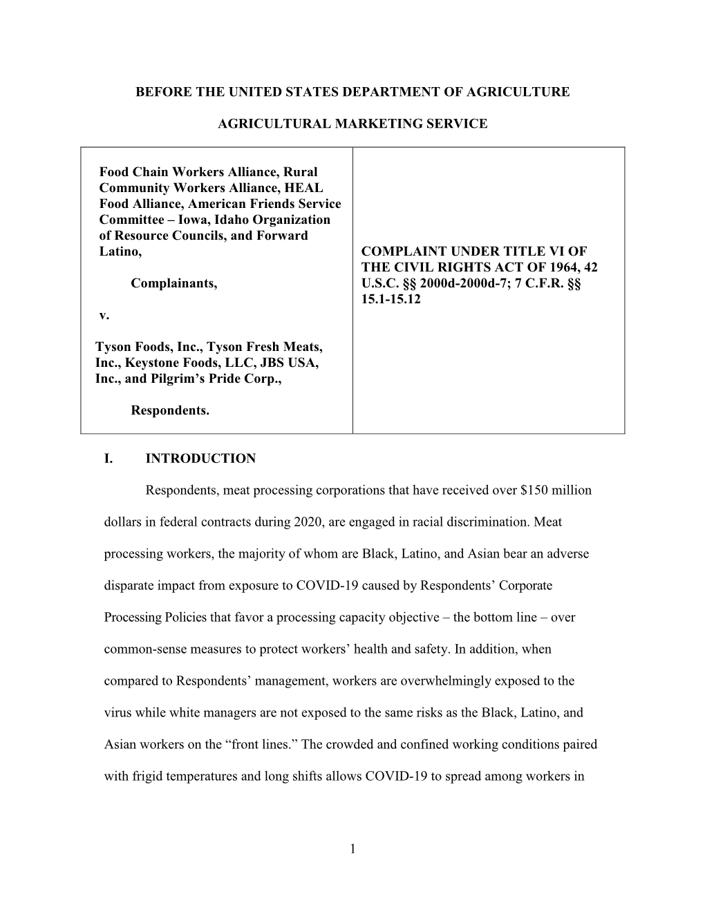 Food Chain Workers Alliance V. Tyson Title VI Complaint