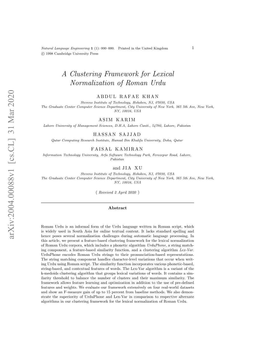 A Clustering Framework for Lexical Normalization of Roman Urdu