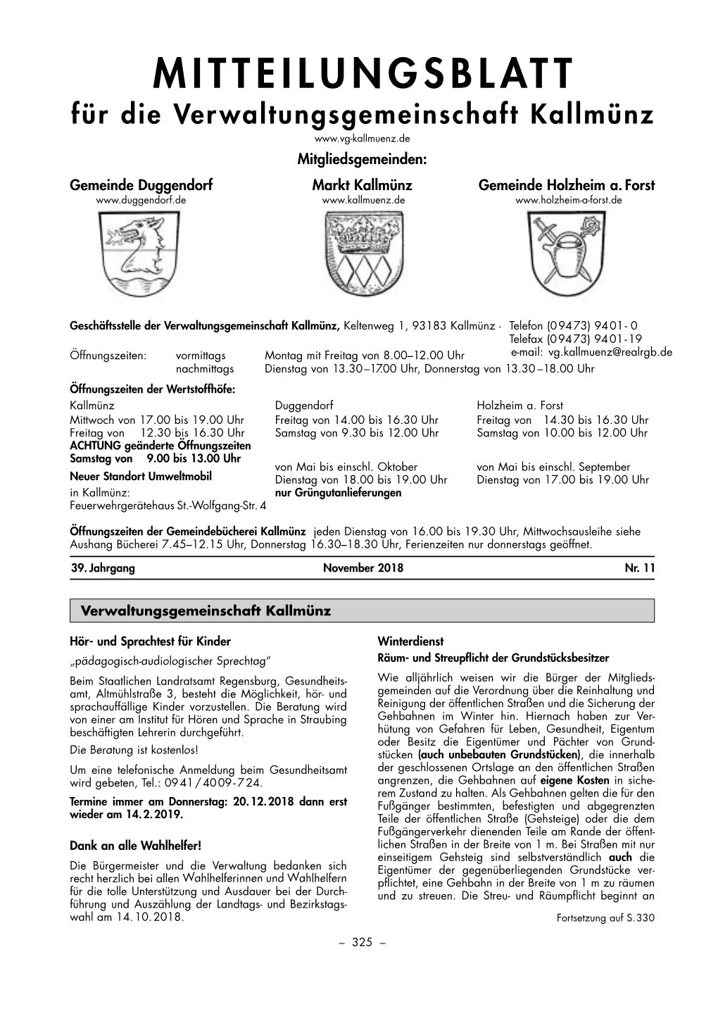 MITTEILUNGSBLATT Für Die Verwaltungsgemeinschaft Kallmünz Mitgliedsgemeinden: Gemeinde Duggendorf Markt Kallmünz Gemeinde Holzheim A