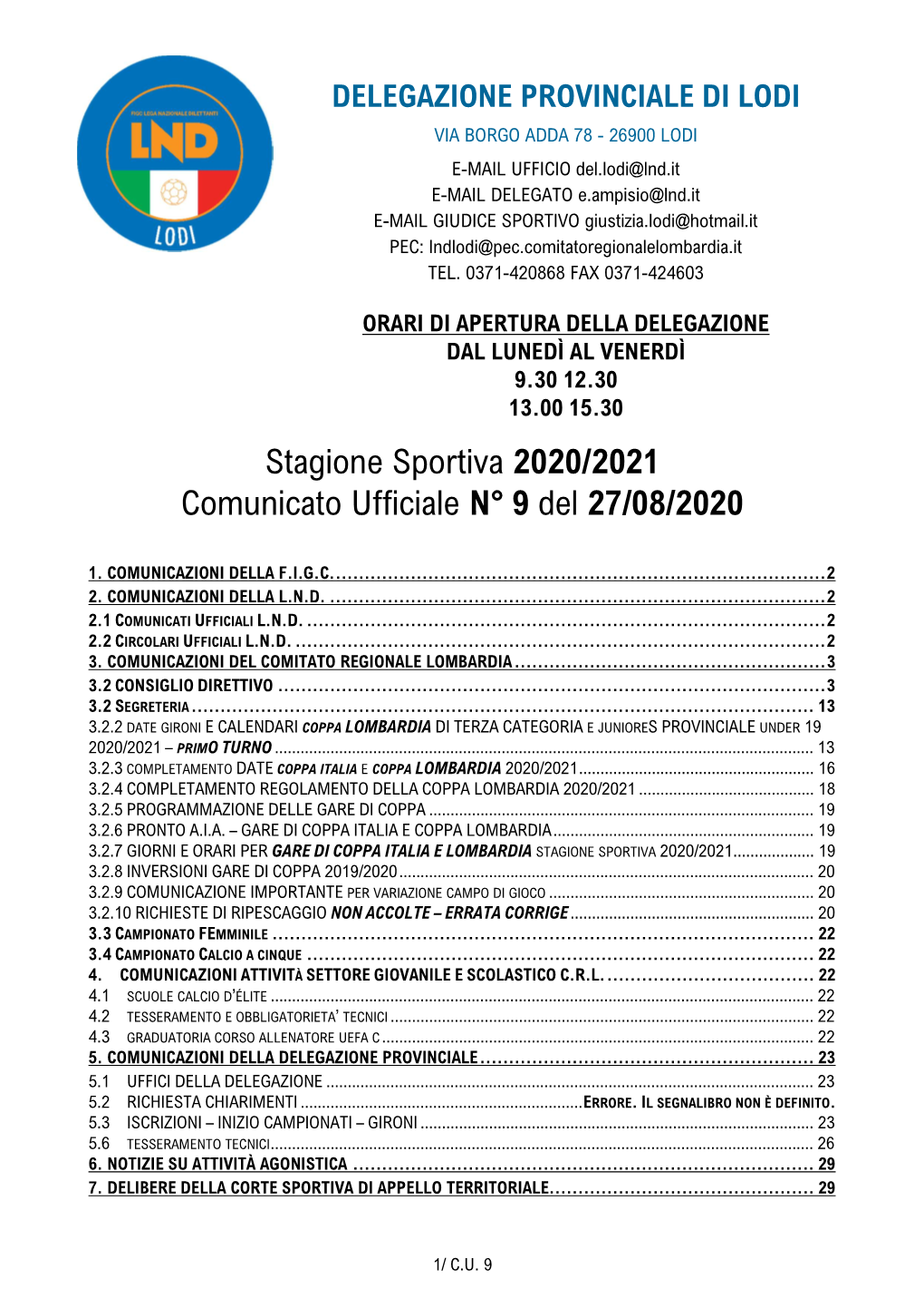 Stagione Sportiva 2020/2021 Comunicato Ufficiale N° 9 Del 27/08/2020