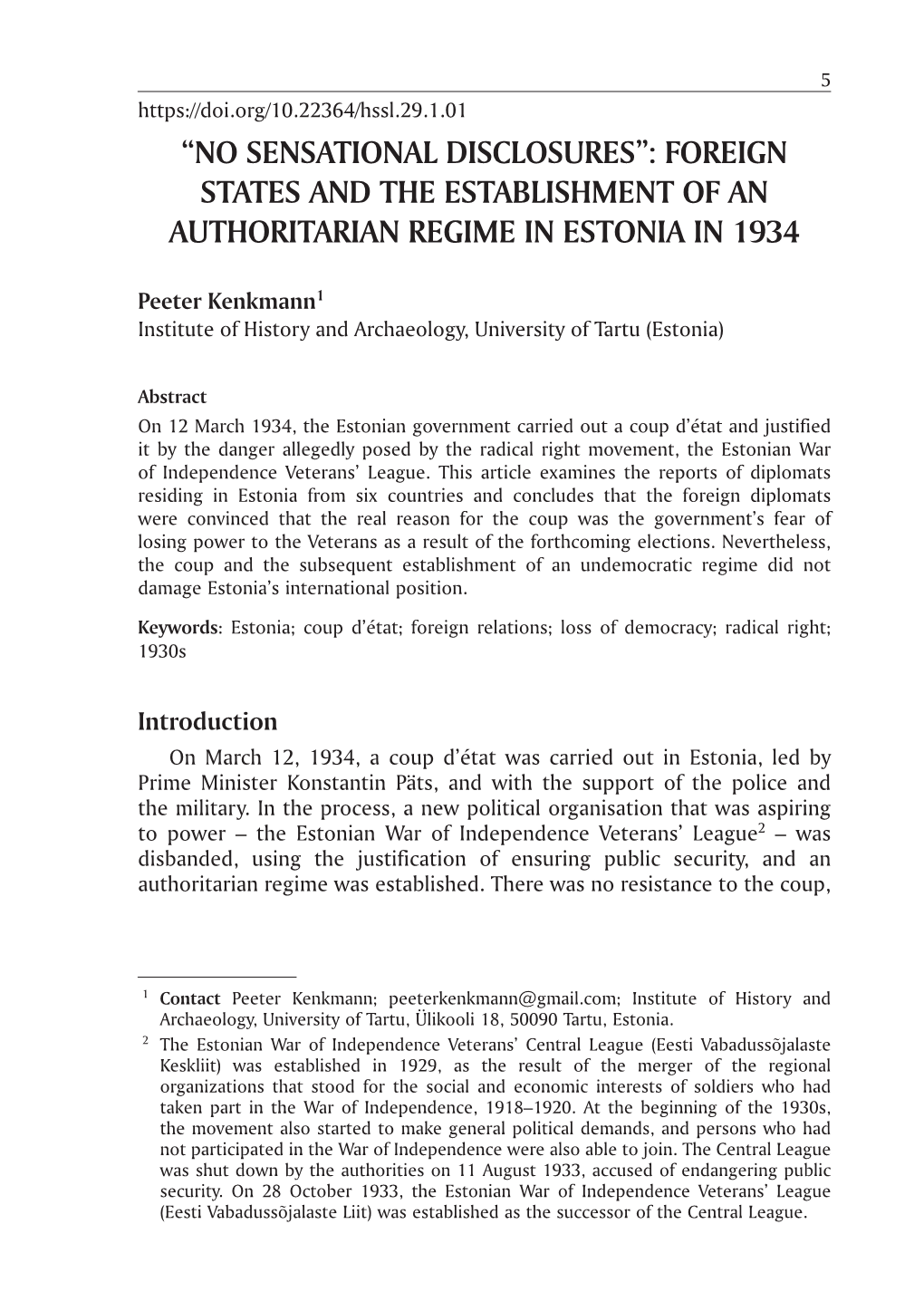 Foreign States and the Establishment of an Authoritarian Regime in Estonia in 1934