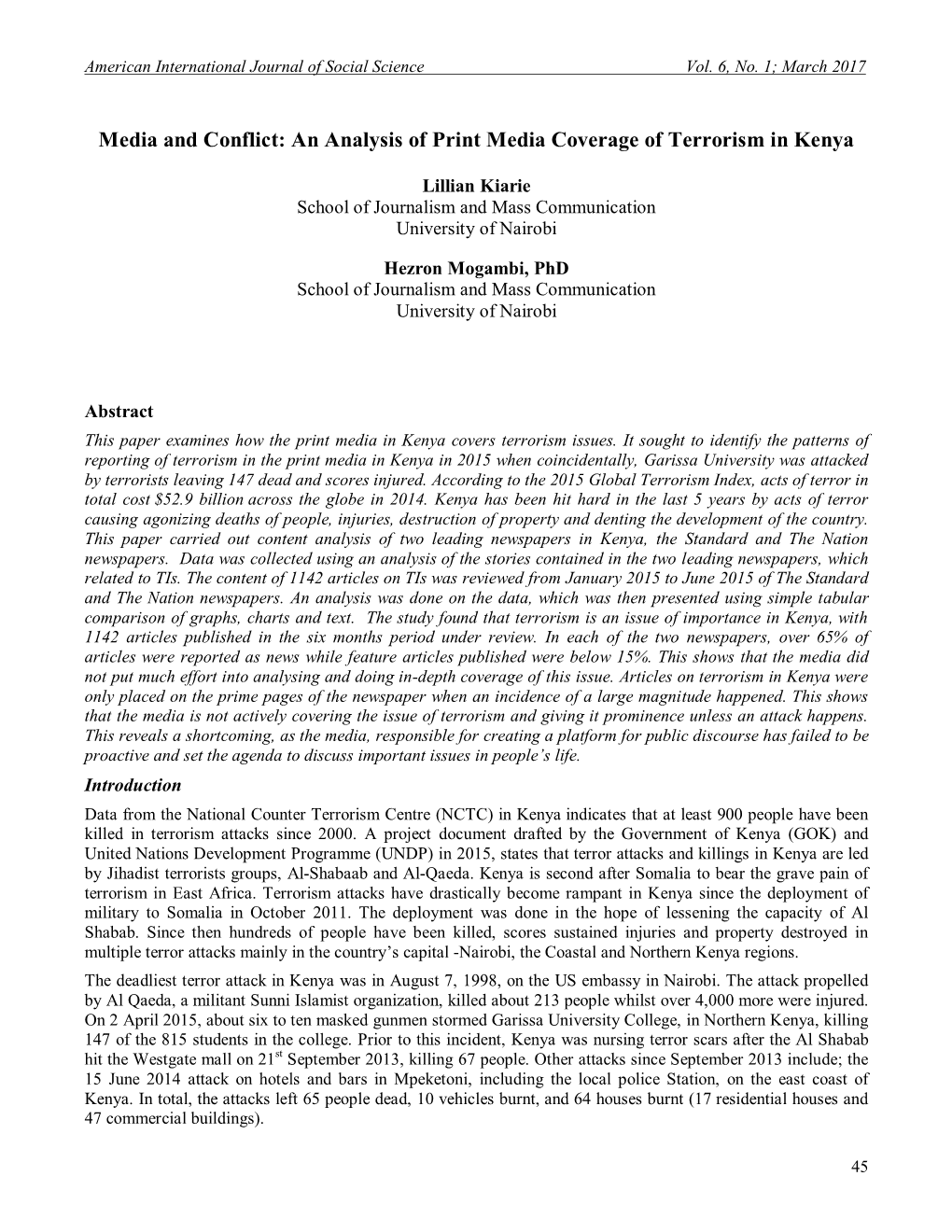 An Analysis of Print Media Coverage of Terrorism in Kenya