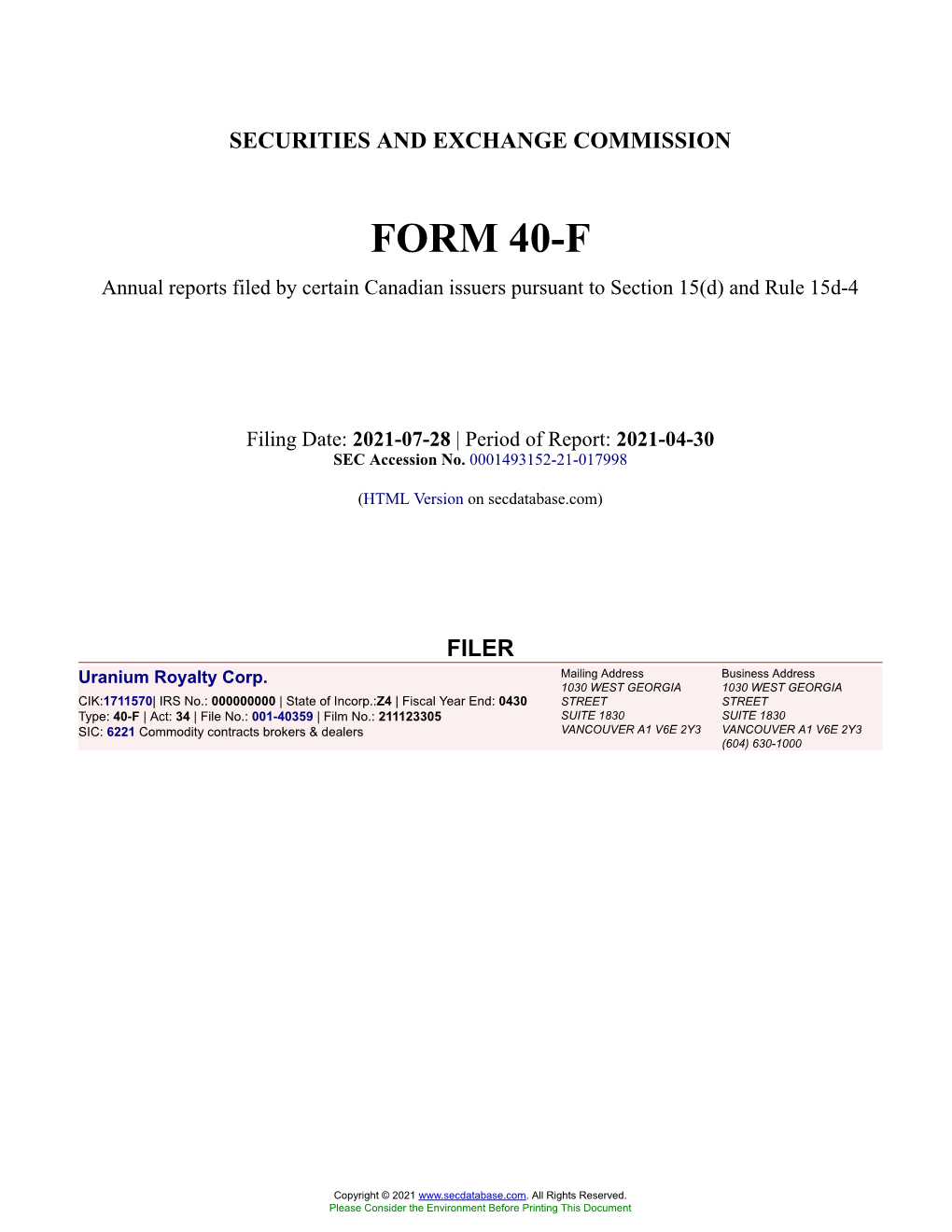 Uranium Royalty Corp. Form 40-F Filed 2021-07-28
