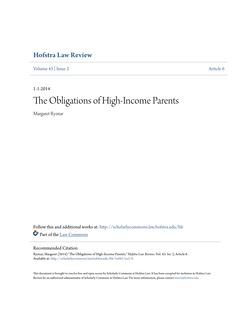 The Obligations of High-Income Parents Margaret Ryznar