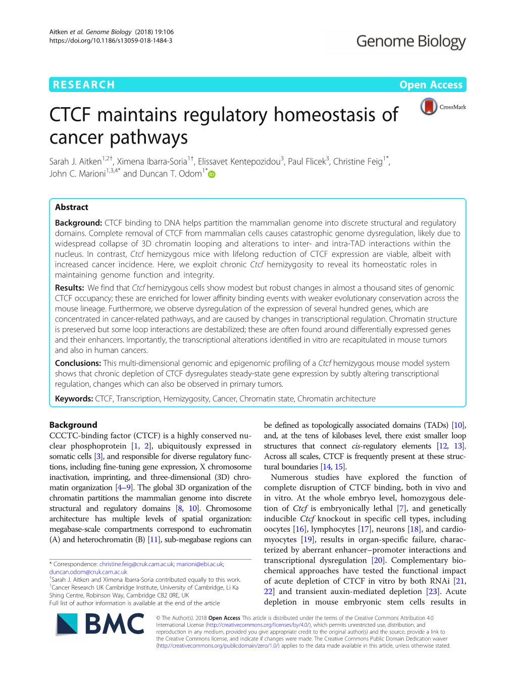 CTCF Maintains Regulatory Homeostasis of Cancer Pathways Sarah J