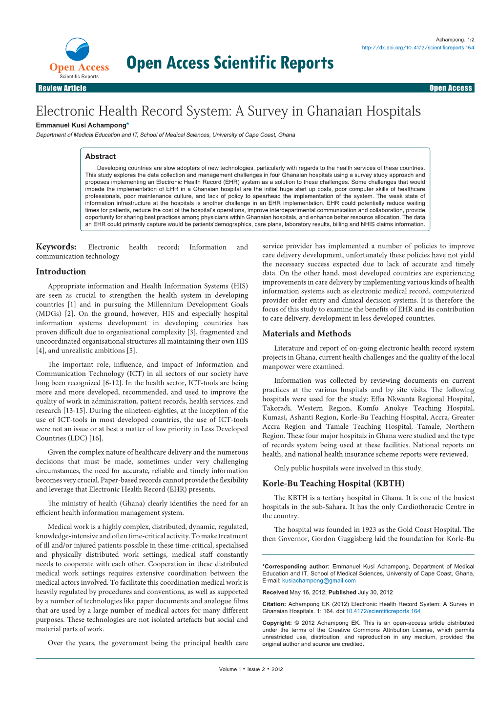 Electronic Health Record System: a Survey in Ghanaian Hospitals