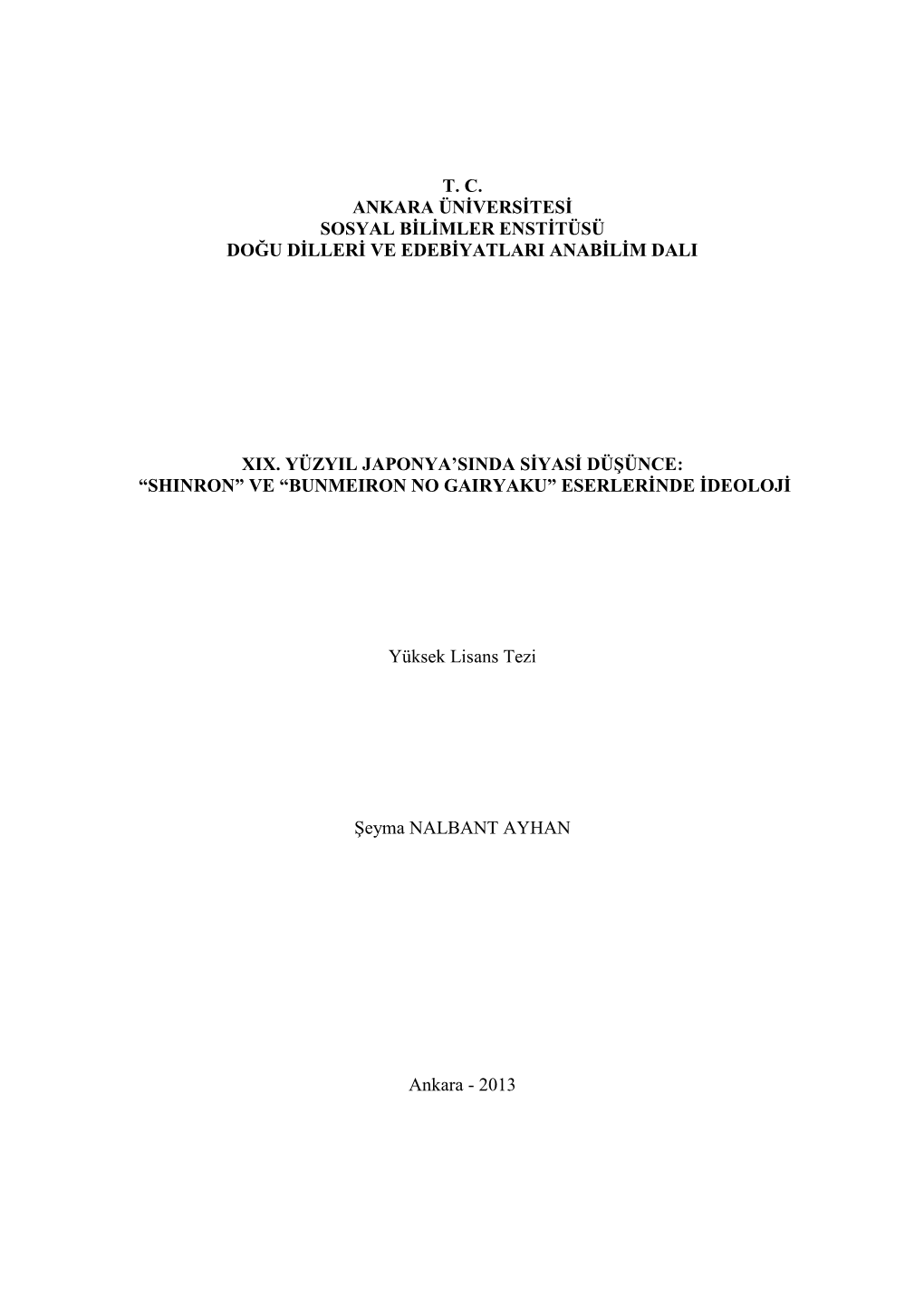 T. C. Ankara Üniversitesi Sosyal Bilimler Enstitüsü Doğu Dilleri Ve Edebiyatlari Anabilim Dali