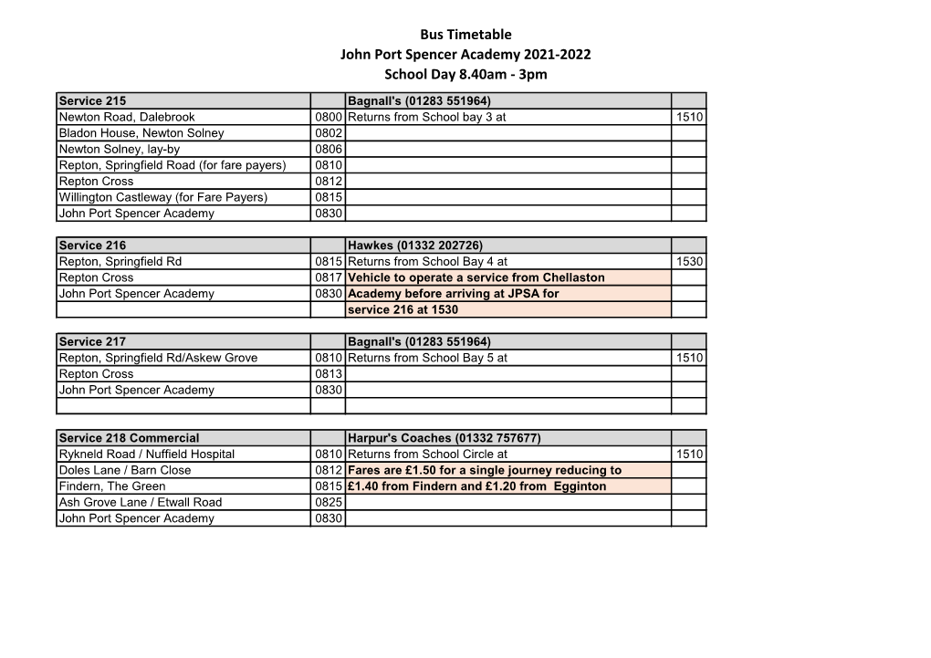 Bus Timetable John Port Spencer Academy 2021-2022 School Day 8.40Am - 3Pm