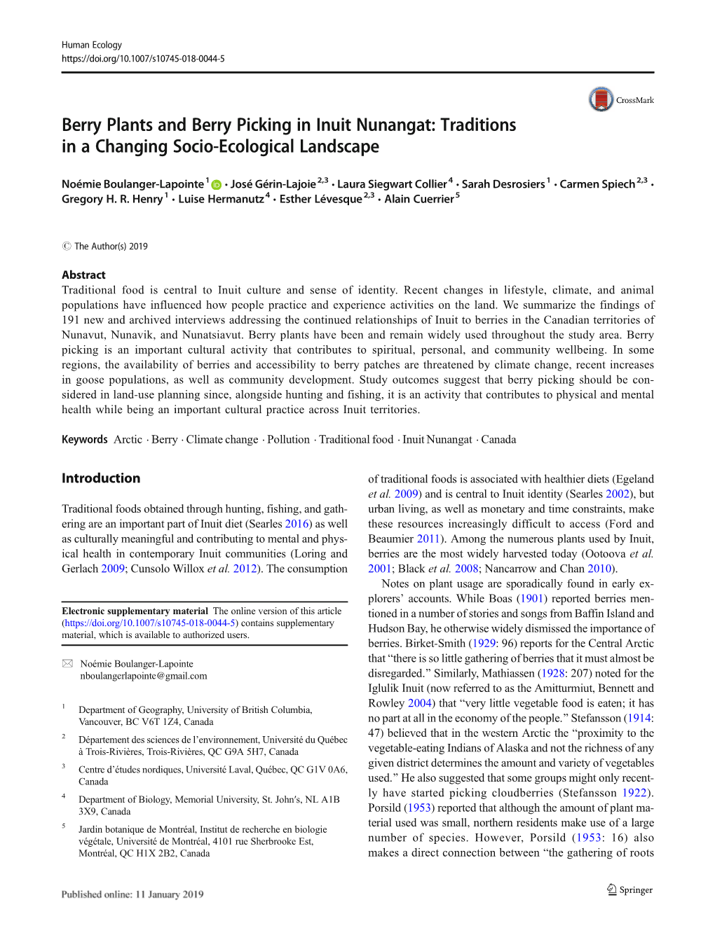 Berry Plants and Berry Picking in Inuit Nunangat: Traditions in a Changing Socio-Ecological Landscape