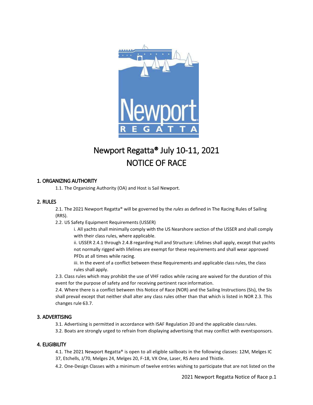 Newport Regatta® July 10-11, 2021 NOTICE of RACE