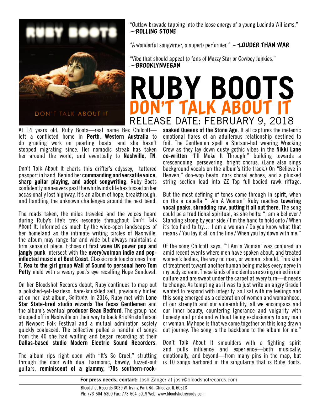 RUBY BOOTS DON’T TALK ABOUT IT RELEASE DATE: FEBRUARY 9, 2018 at 14 Years Old, Ruby Boots—Real Name Bex Chilcott— Soaked Queens of the Stone Age