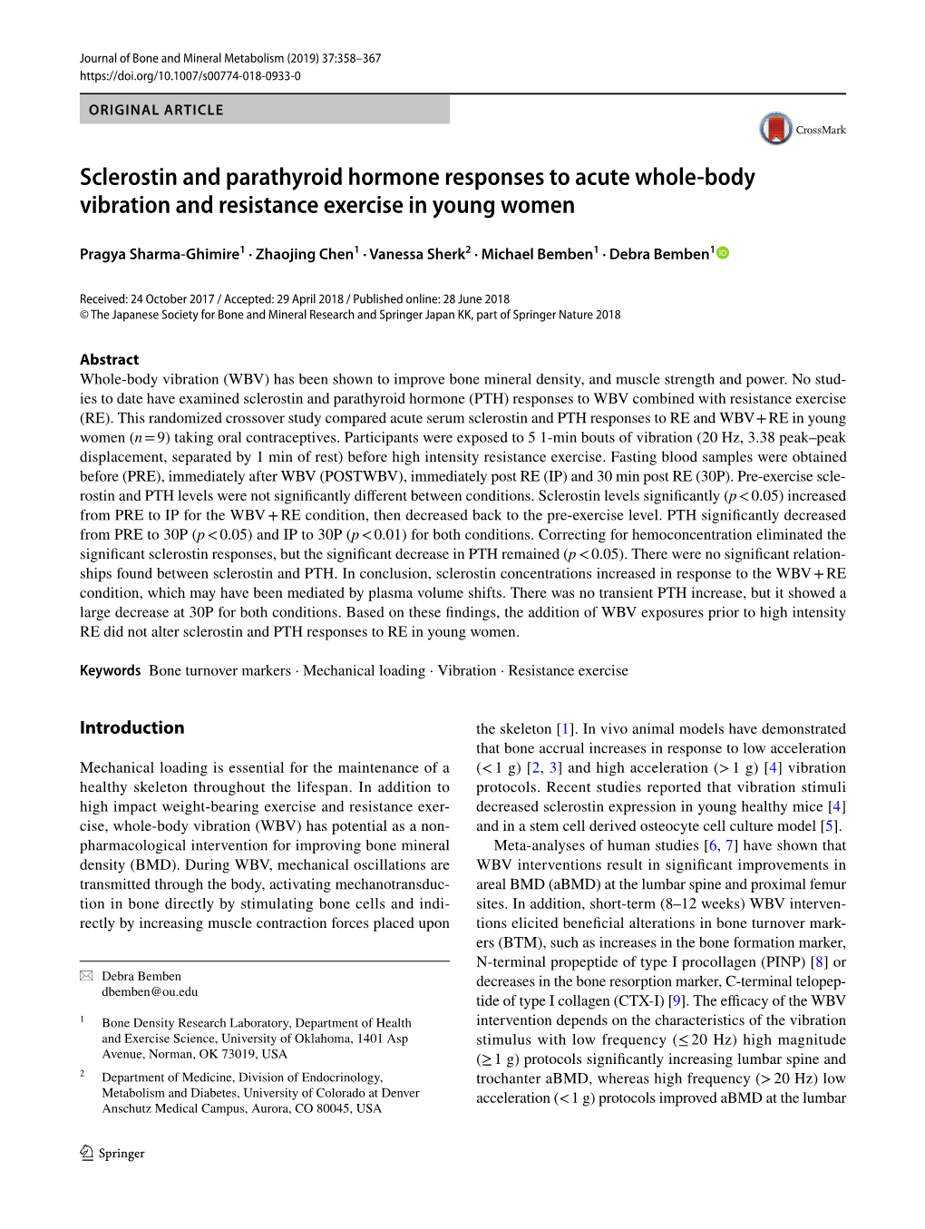Sclerostin and Parathyroid Hormone Responses to Acute Whole-Body