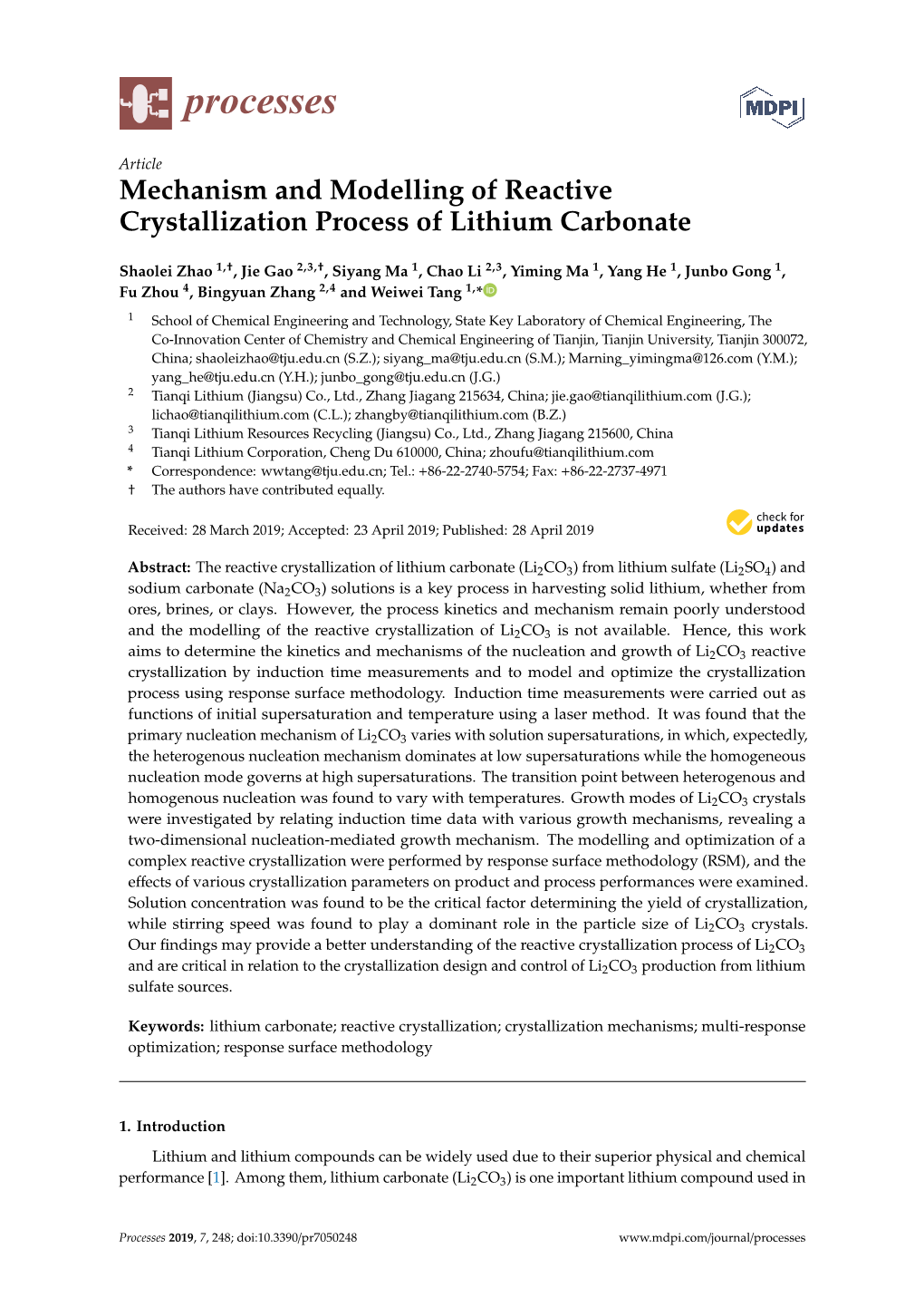 Mechanism and Modelling of Reactive Crystallization Process of Lithium Carbonate