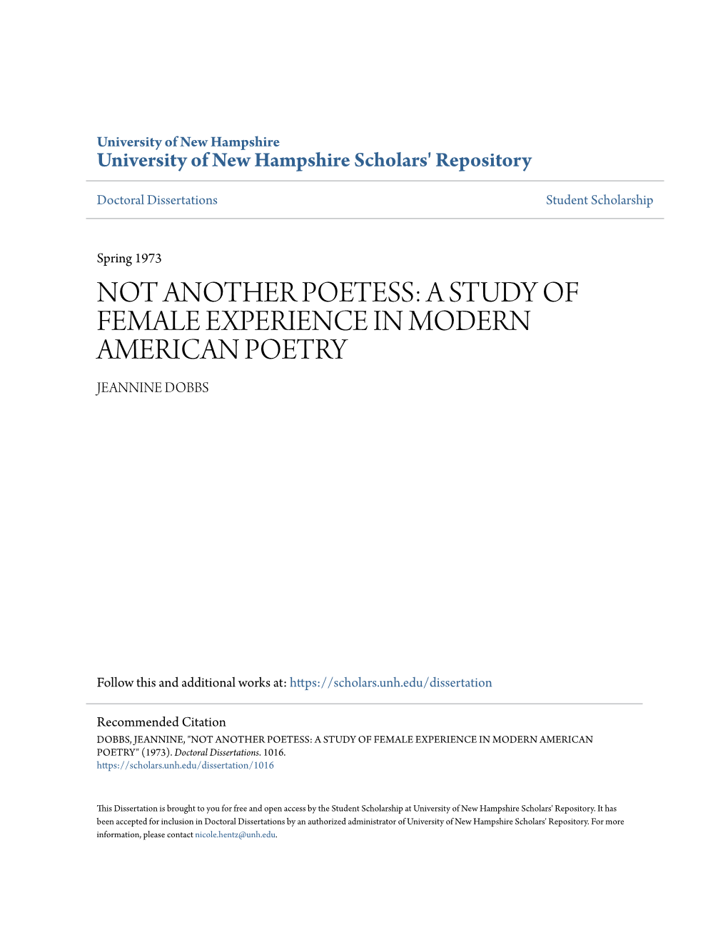 A Study of Female Experience in Modern American Poetry Jeannine Dobbs