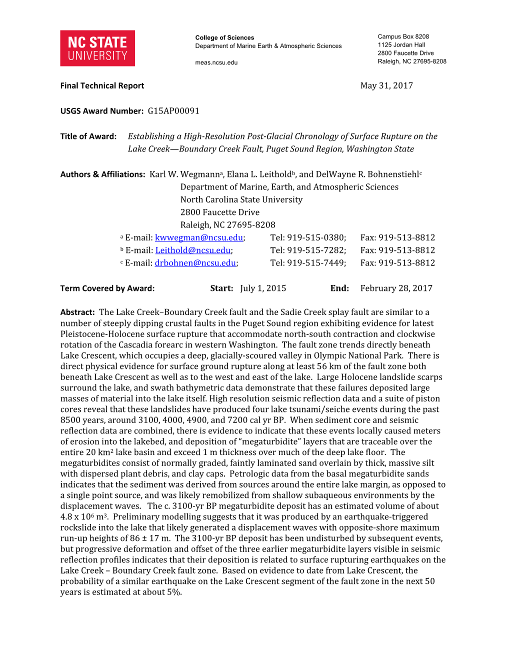 Final Technical Report May 31, 2017 USGS Award Number