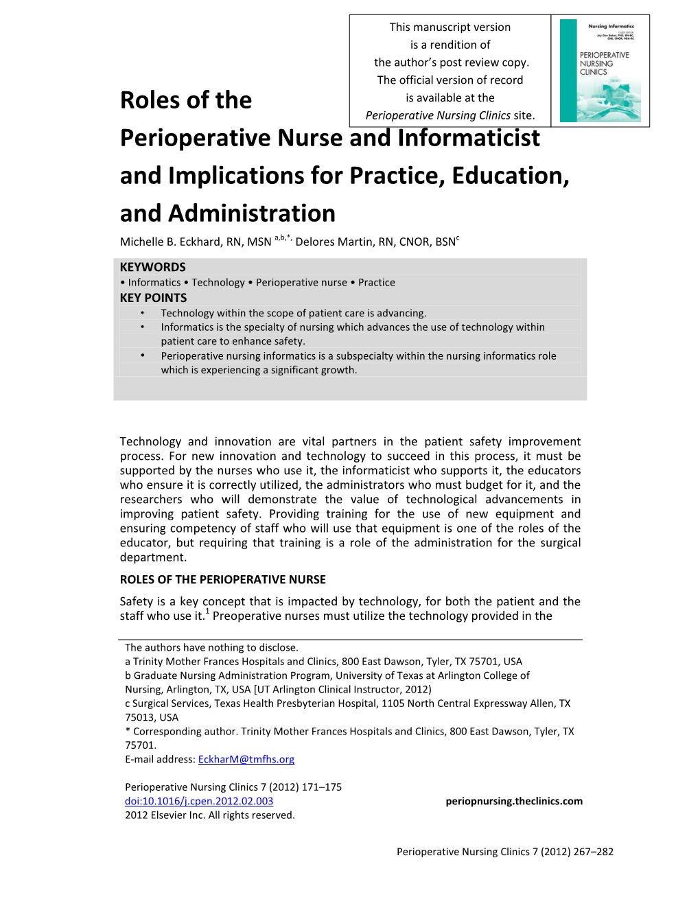 Roles of the Perioperative Nurse and Informaticist and Implications For