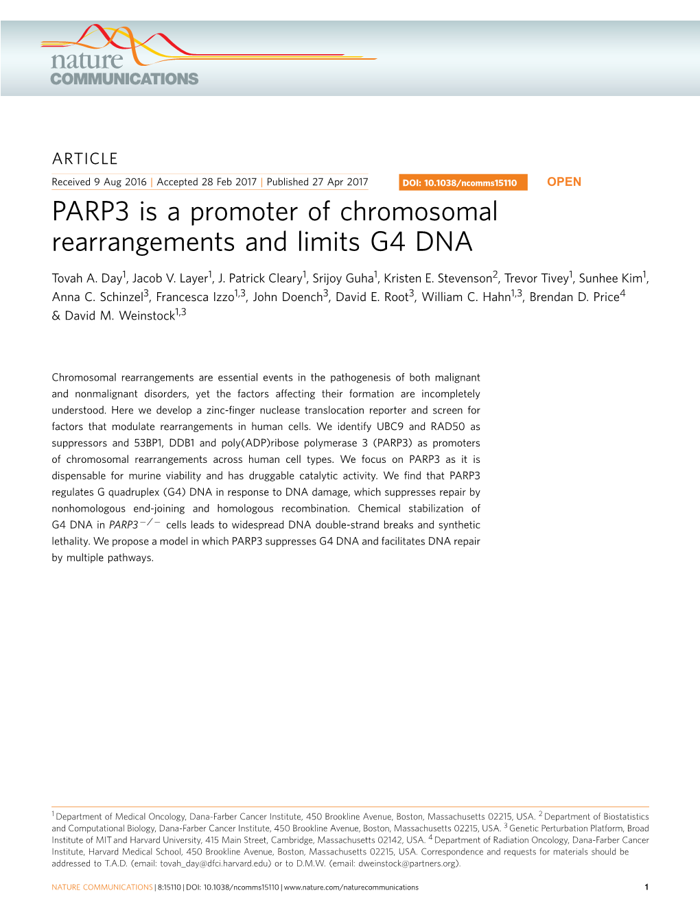 PARP3 Is a Promoter of Chromosomal Rearrangements and Limits G4 DNA