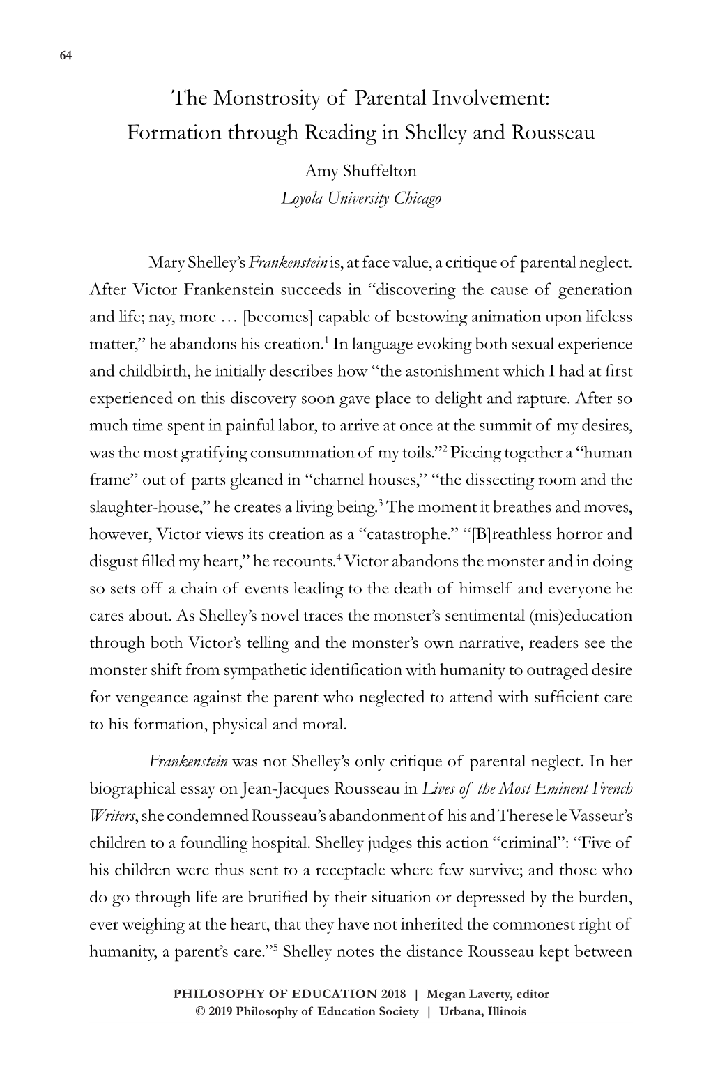 The Monstrosity of Parental Involvement: Formation Through Reading in Shelley and Rousseau