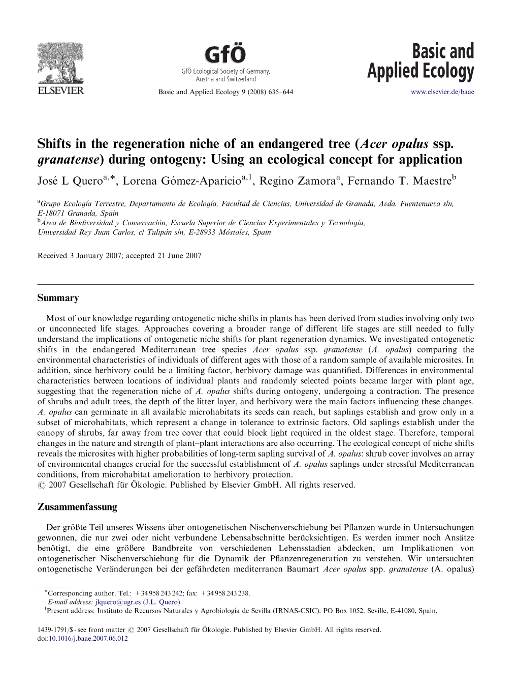 Shifts in the Regeneration Niche of an Endangered Tree (Acer Opalus Ssp