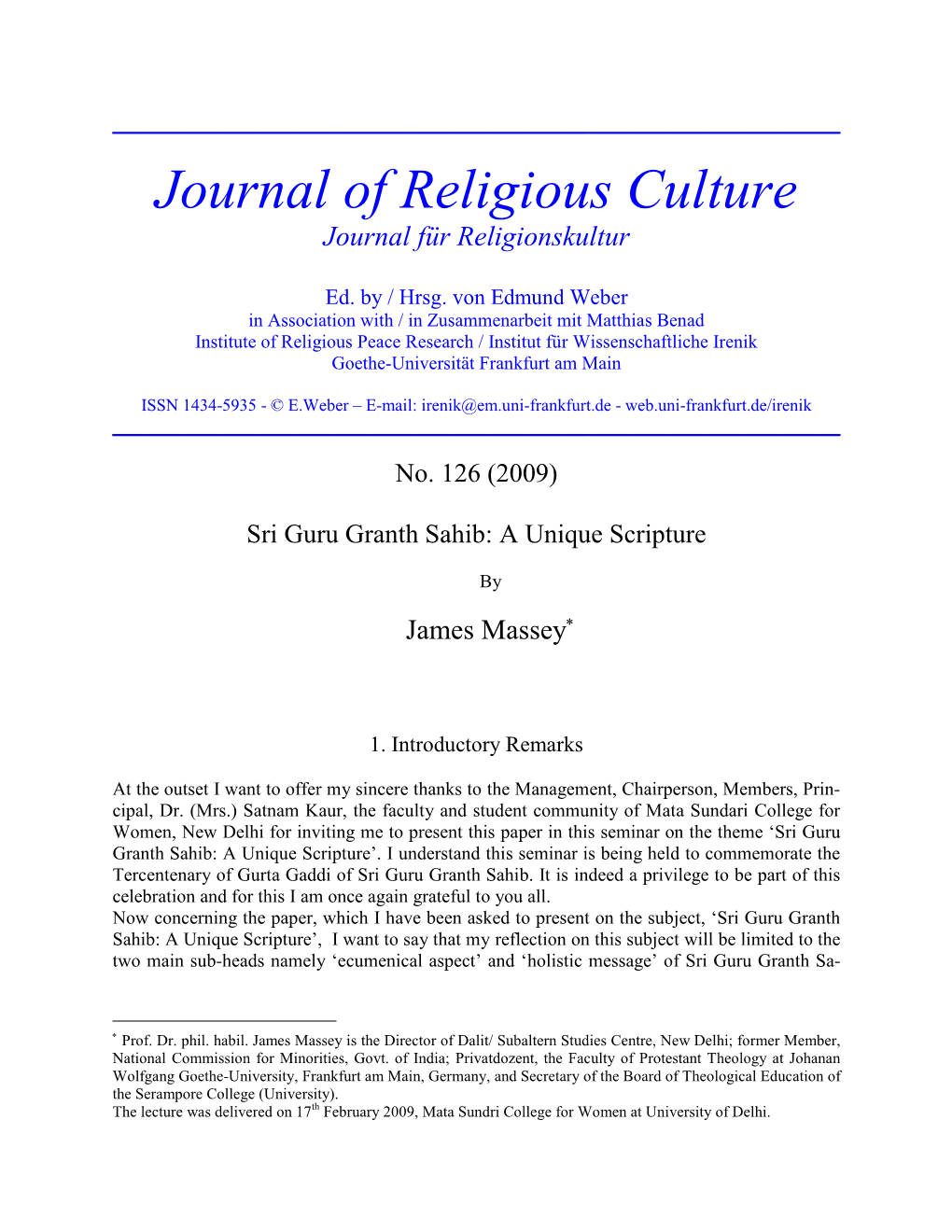 Journal of Religious Culture Journal Für Religionskultur