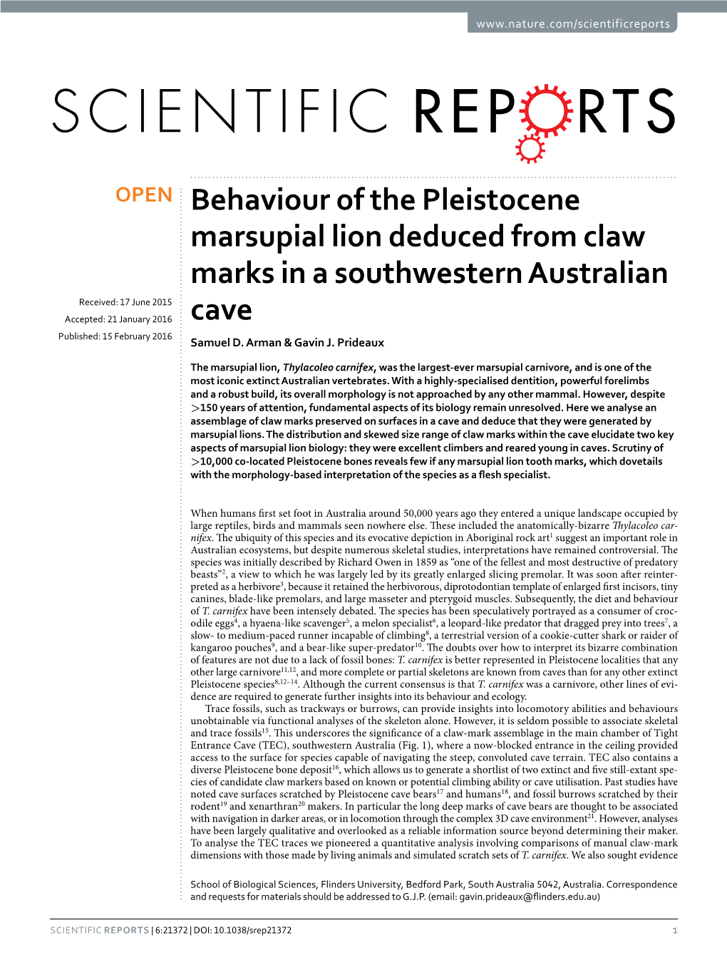 Behaviour of the Pleistocene Marsupial Lion Deduced from Claw