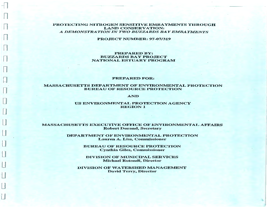 Protecting Nitrogen Sensitive Emba Yments Through Land Conservation: a Demonstration in Two Buzzards Bay Embayments